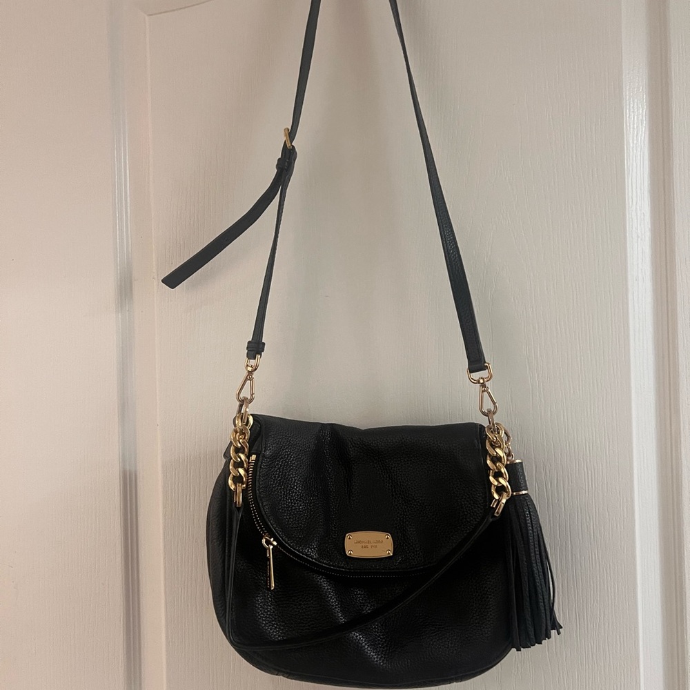 Michael Kors Black Leather Shoulder Bag with Gold Chain Accents